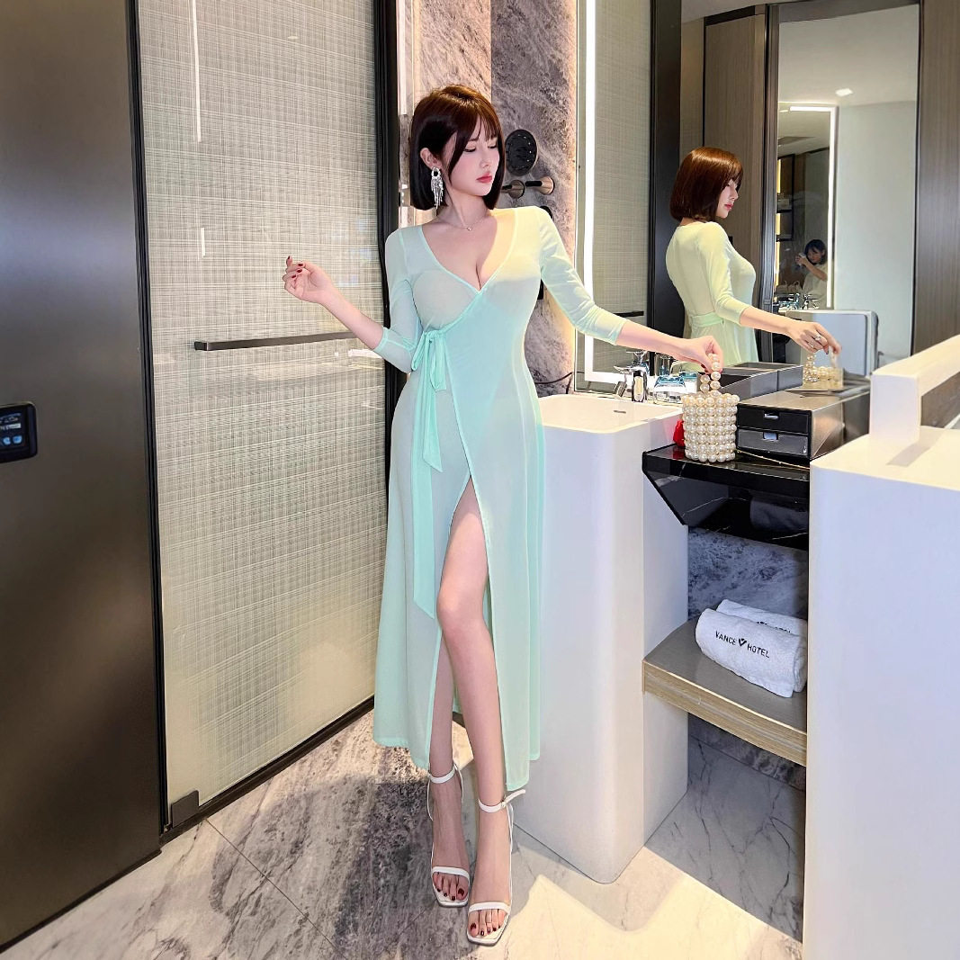 夜店性感辣妹低胸v领收腰系带长袖开叉过膝长裙礼服连衣裙夜场女