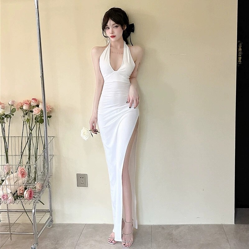 夜场性感挂脖系带连衣裙高开叉修身显瘦露腿宴会礼服无袖长裙