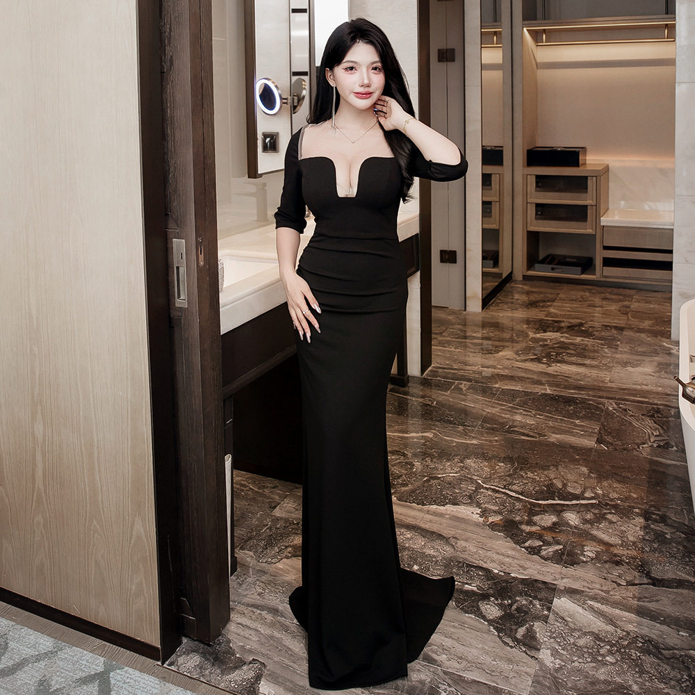 夜店性感低胸中袖鱼尾晚礼服夜场足浴技师工作服紧身显瘦长裙女