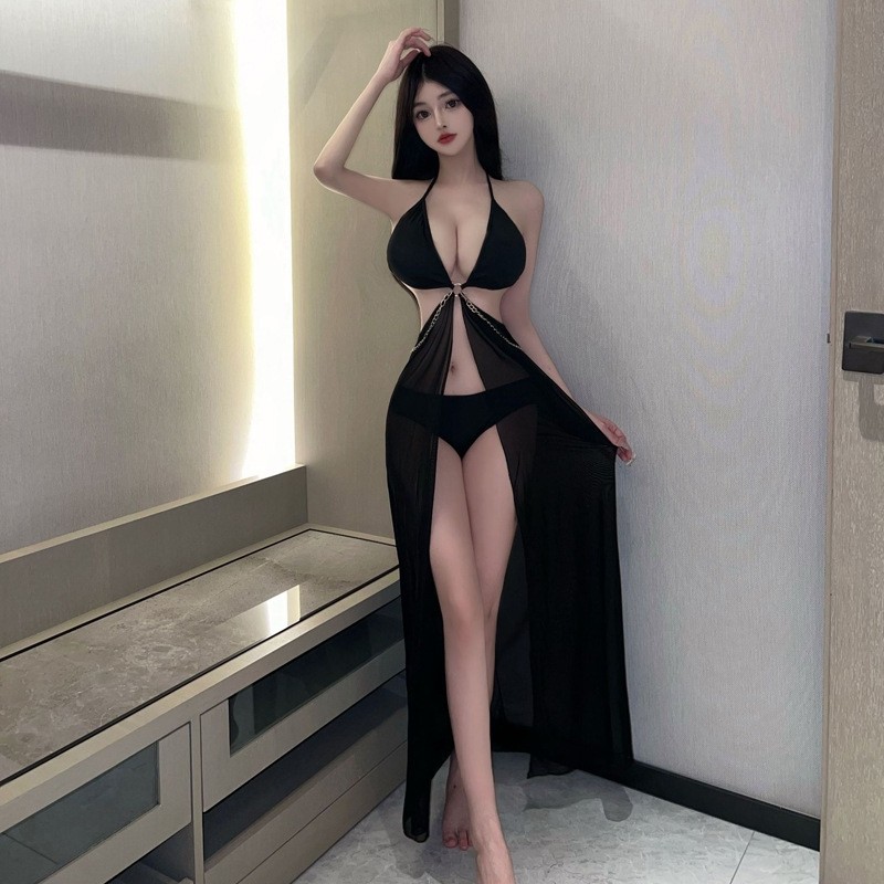 性感三点式睡裙女度假风网纱开叉御姐气质高级感网红比基尼长裙新