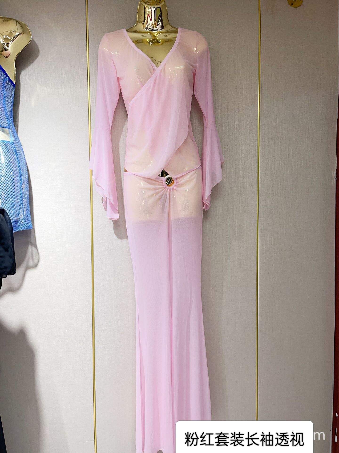 夜场会所性感透视技师工作服两件套喇叭袖低胸遮肚子显瘦小姐套装