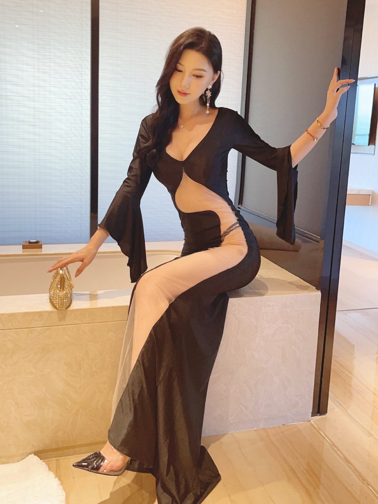 夜店KTV工作服修身显瘦夜总会连衣裙酒吧夜场长裙网纱透视鱼尾裙