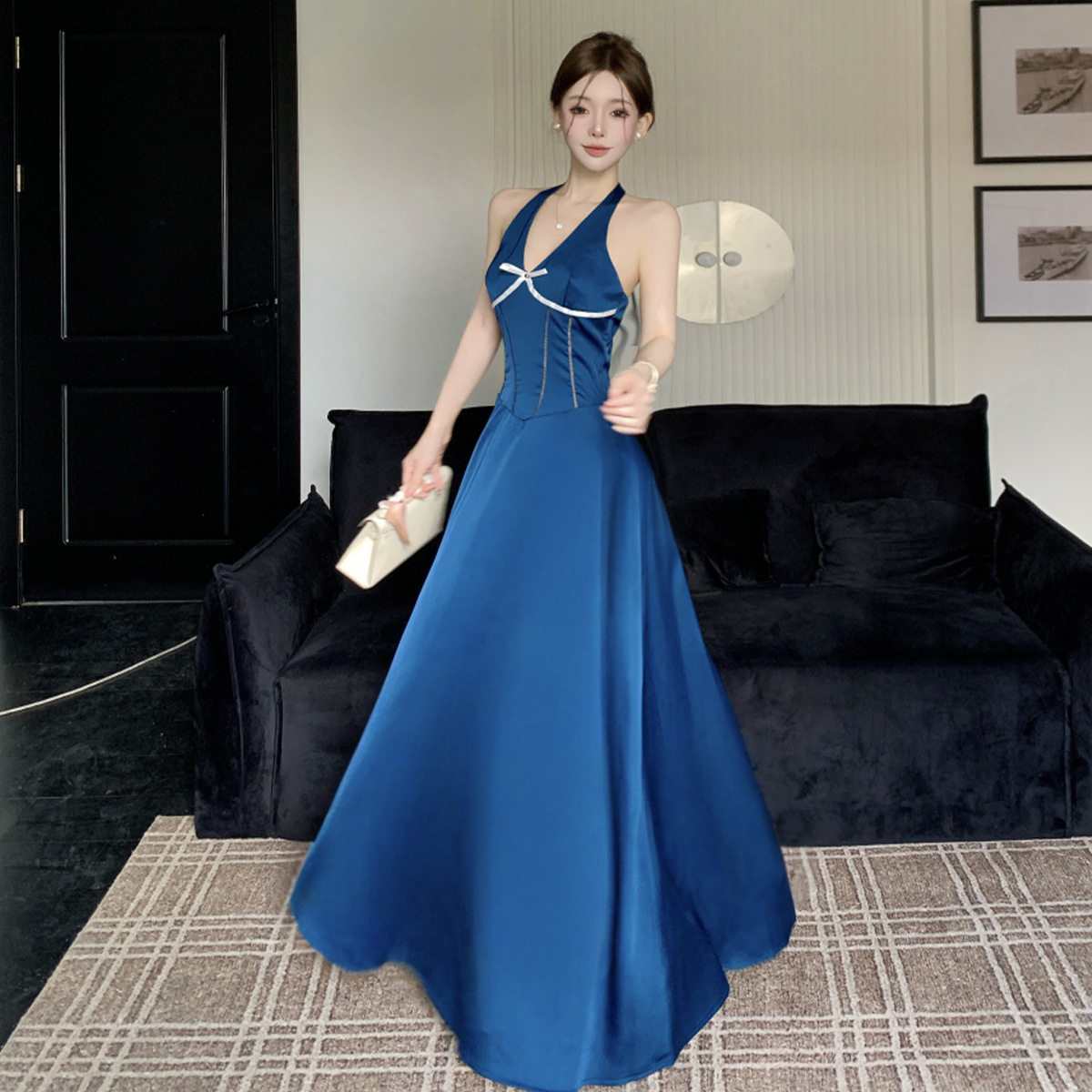 夜店性感v领挂脖连衣裙蓝色露背礼服海边度假长裙夜场主播技师服