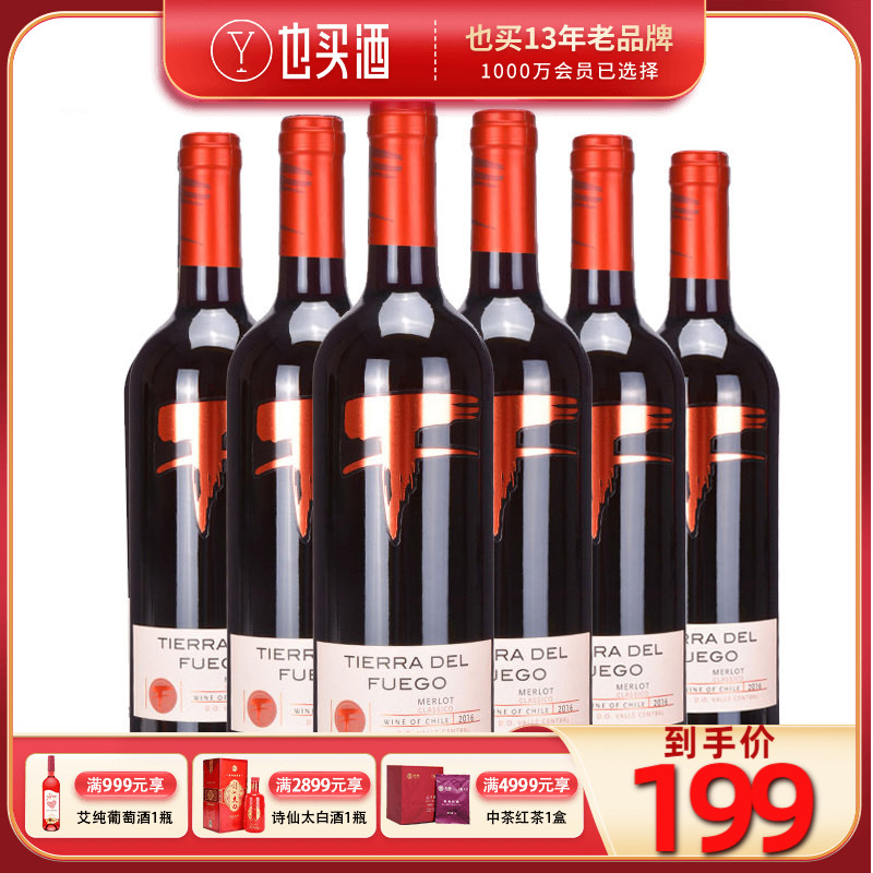 也买酒 智利进口红酒 火地岛经典梅洛红葡萄酒 750ML* 6支
