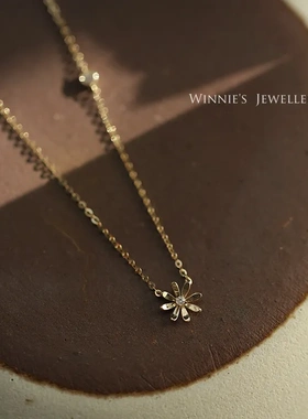 盛放~通体S925纯银镀14K金项链女小花朵吊坠简约气质百搭细锁骨链