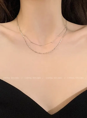 S925纯银项链女款轻奢小众高级感双层叠戴素链锁骨链颈链choker