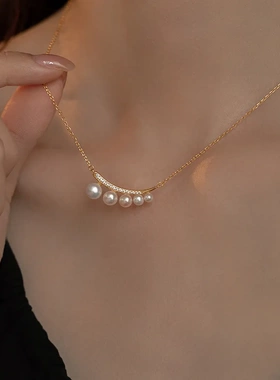 S925银镀18K银珍珠项链月牙渐变锁骨链颈链女轻奢高级感法式复古