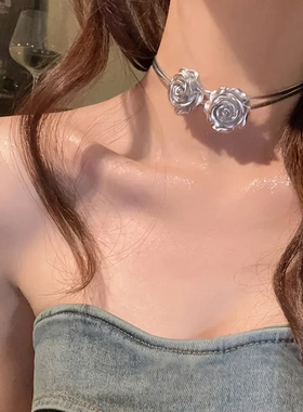 夜幕舞曲~银色玫瑰花锁骨链甜酷双层辣妹项链女轻奢小众感颈链潮