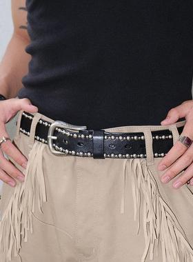 真皮头层牛皮铆钉皮带erd美式朋克街头复古做旧百搭装饰黑色腰带