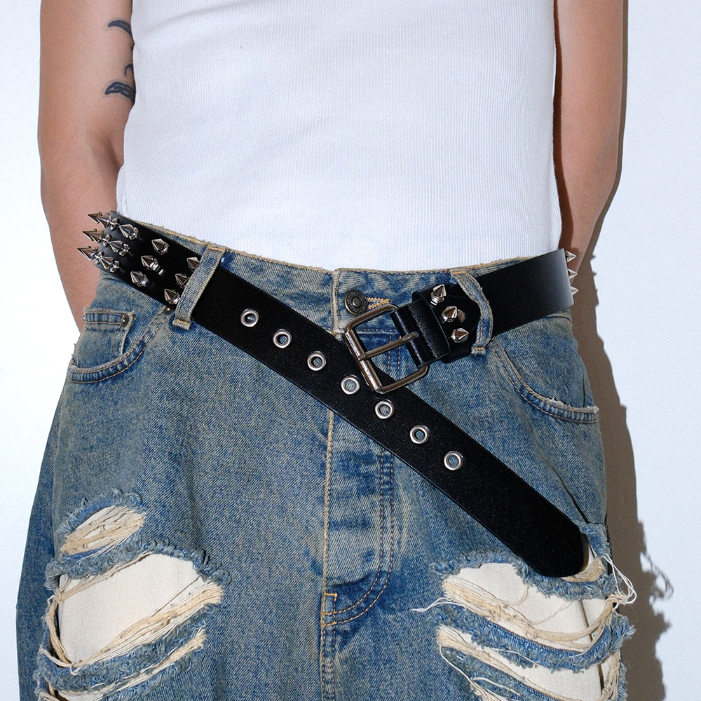 美式黑色尖刺铆钉朋克风配饰腰带