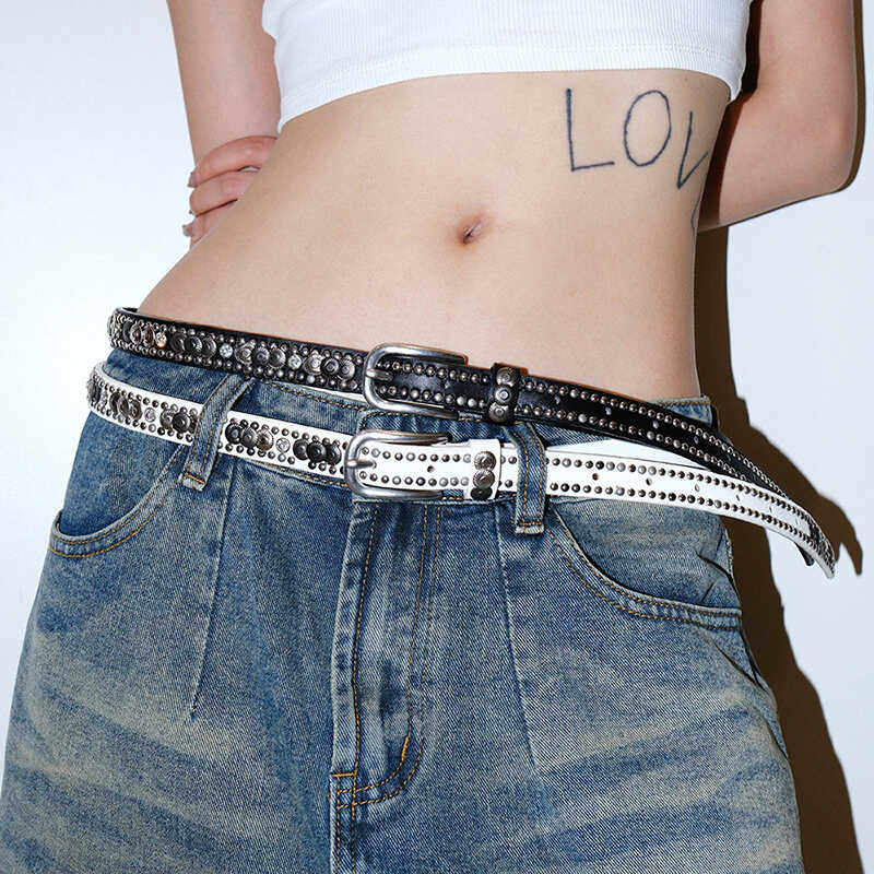 水钻镶嵌铆钉新款复古民族风腰带辣妹配牛仔裤带窄款朋克配饰皮带 - Darkblue深蓝商店出品