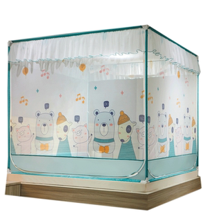 家用床笠蚊帐防摔儿童回底三开门带支架防尘顶1.5米1.8蒙古包纹账