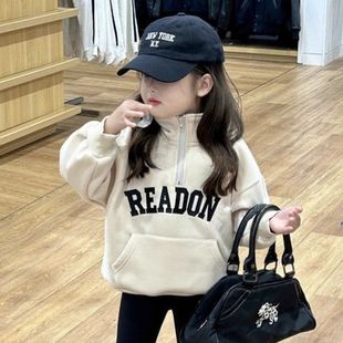 韩版百搭加绒卫衣秋冬季新款童装女童洋气字母半拉链加厚立领上衣