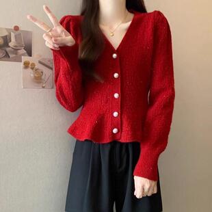2026早春新款收腰气质V领针织开衫女长袖修身显瘦上衣毛衣外套女