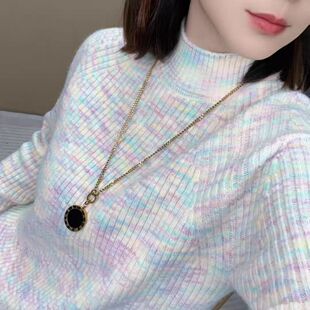 慵懒风彩色条纹半高领针织衫女宽松显瘦百搭毛衣上衣套头女装长袖