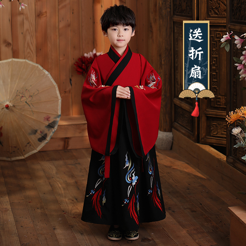 男童汉服冬装中国风古装小男孩唐装童装红色少爷服儿童拜年服冬季
