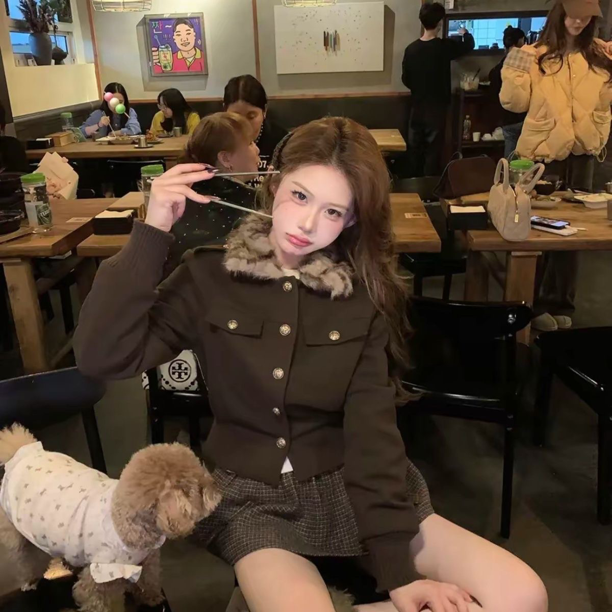 焦糖可颂毛领长袖厚款保暖外套秋冬百搭裙裤套装