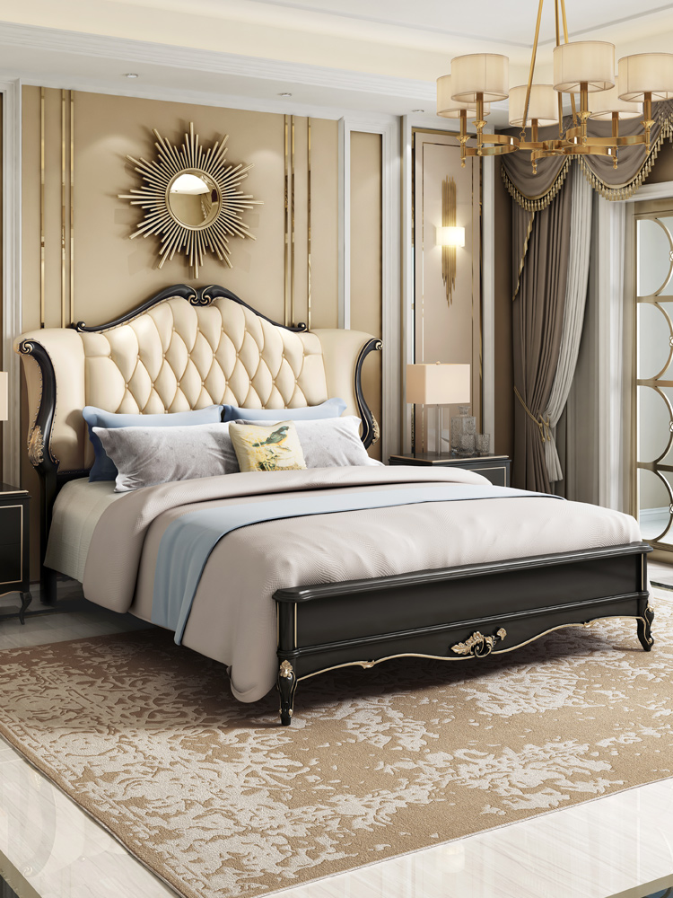 American-style light luxury leather bed European-style solid wood double bed 18 meters master bedroom ebony oak carved neo-classical wedding bed