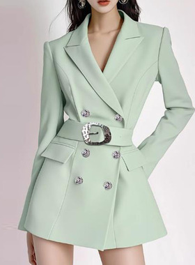绿色轻奢高级感西装外套女2025春新款御姐气质修身小众西服裙