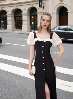 黑色泡泡袖设计感修身连衣裙女2025夏新款名媛气质开叉包臀裙