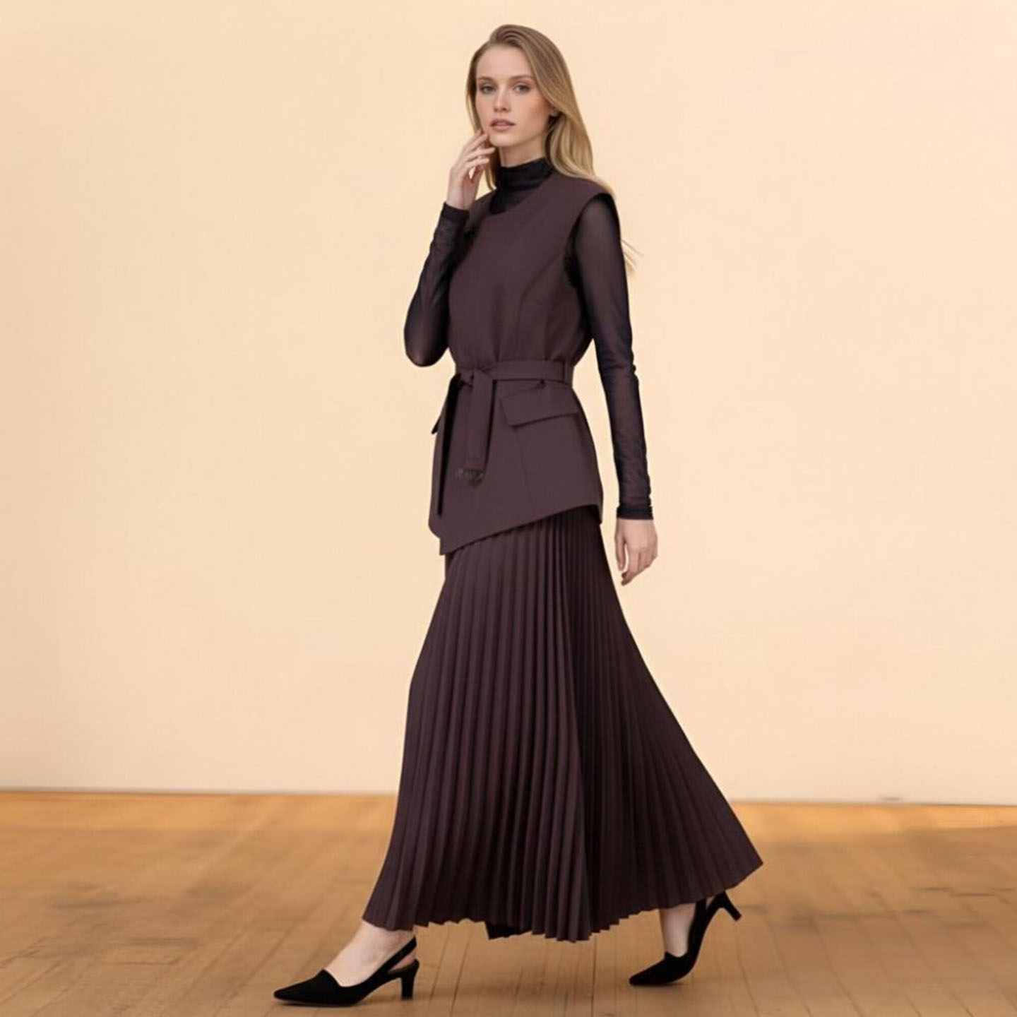 收腰西装马甲百褶裙两件套