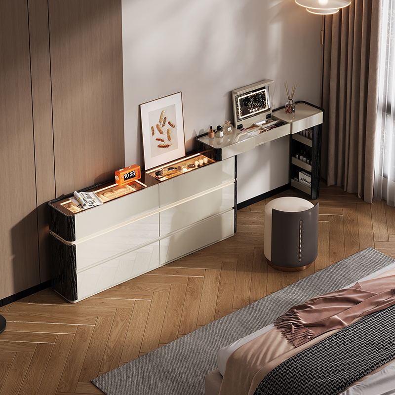 轻奢床尾梳妆台斗柜一体意式化妆桌极简风卧室高级化妆台伸缩翻盖