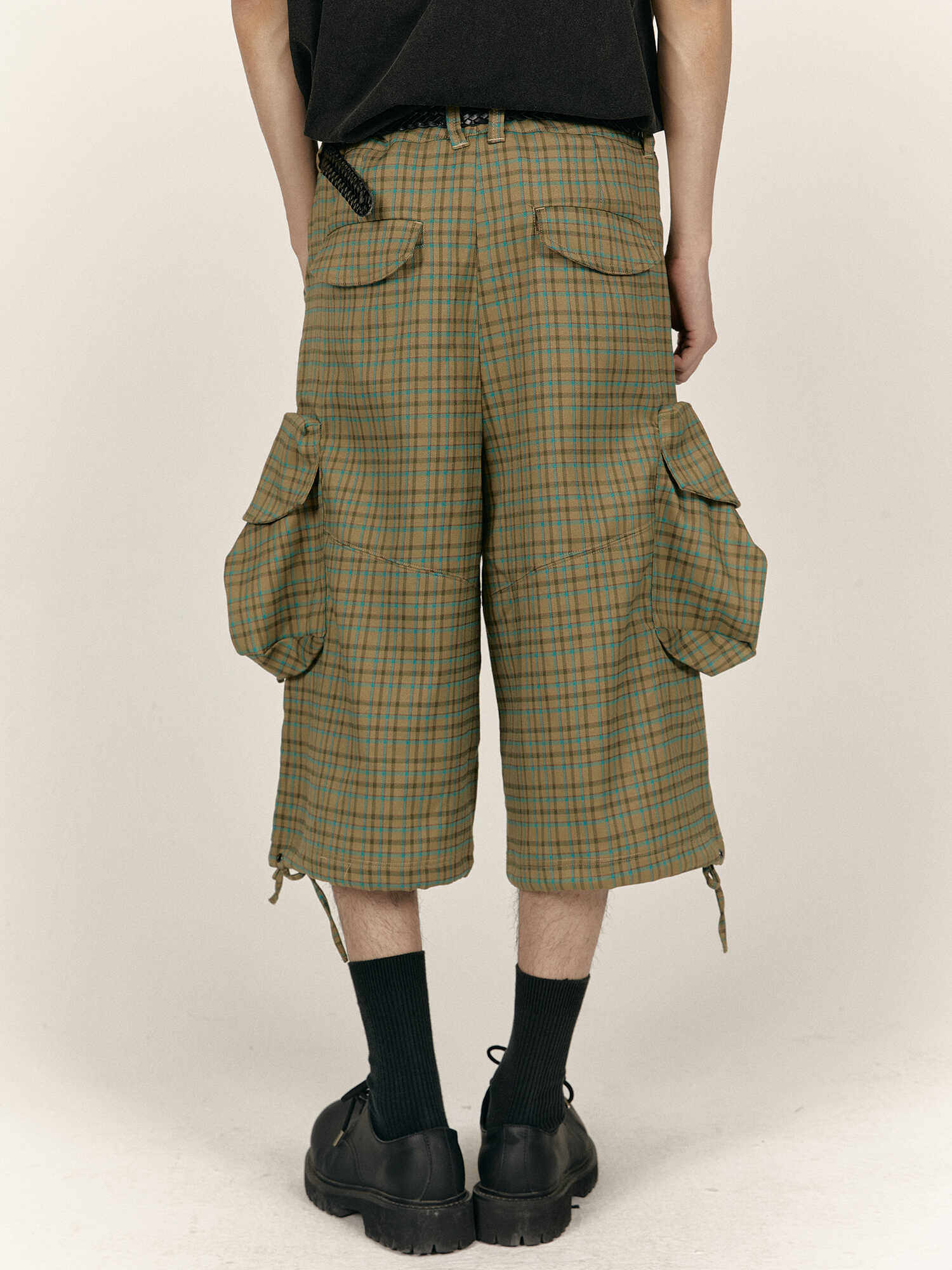 KOTAE 24SS VINTAGE HARAJUKU CHECK CROPPED PANTS LARGE POCKET CASUAL PANTS CARGO PANTS WIDE LEG MENS AND WOMENS FASHION ORIGINAL