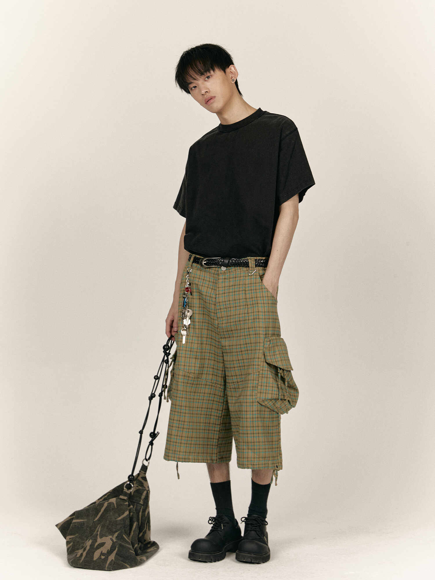 KOTAE 24SS VINTAGE HARAJUKU CHECK CROPPED PANTS LARGE POCKET CASUAL PANTS CARGO PANTS WIDE LEG MENS AND WOMENS FASHION ORIGINAL