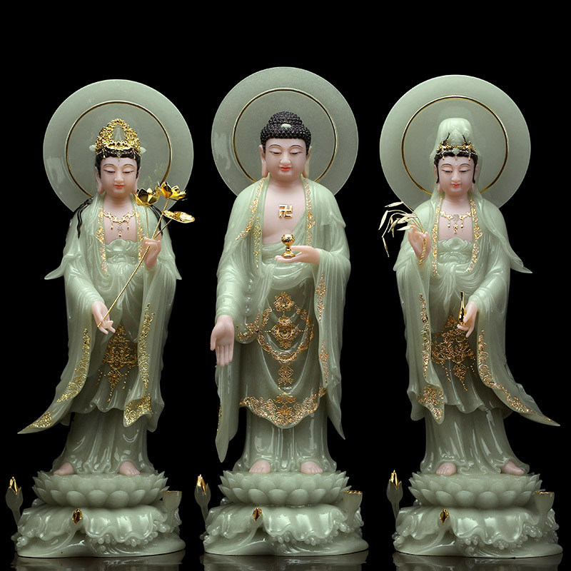 石雕西方三圣汉白玉佛像供奉观音摆件莲花阿弥陀佛站像大势至菩萨