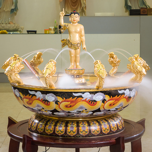 纯铜景泰蓝浴佛盆九龙喷水浴佛盘一整套大号勺子鎏金太子佛沐浴盆