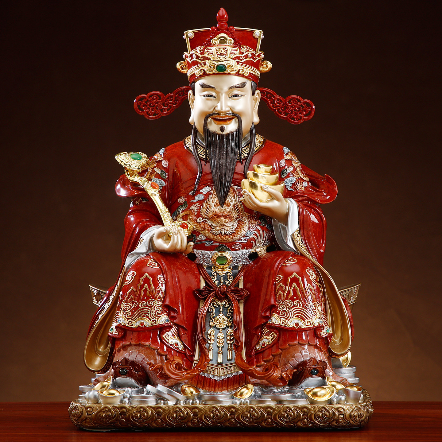 精雕纯铜叠染镶宝如意文财神佛像
