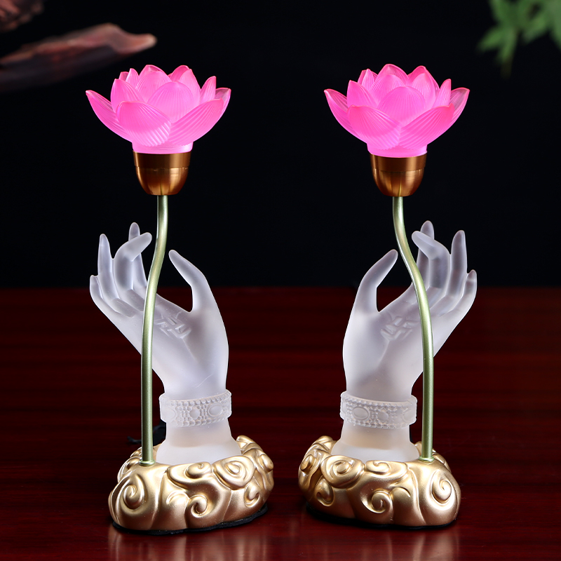 佛台佛手莲花灯菩萨供灯家用琉璃佛灯插电佛前佛堂七彩长明灯一对