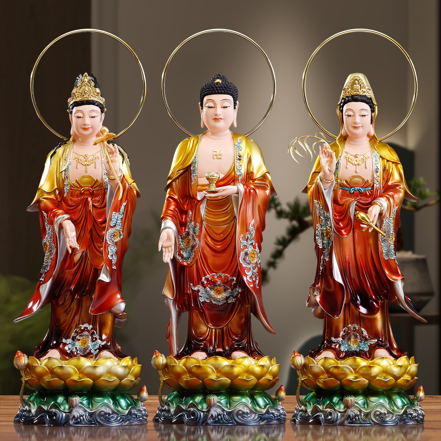 仿铜彩西方三圣树脂佛像家用佛堂供奉阿弥陀佛站莲花观音菩萨像