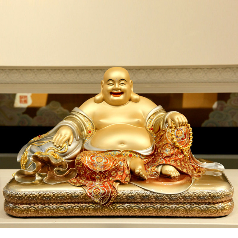 全铜珐琅镶金笑佛摆件拿佛珠弥勒佛菩萨客厅供奉大肚开口笑佛招财