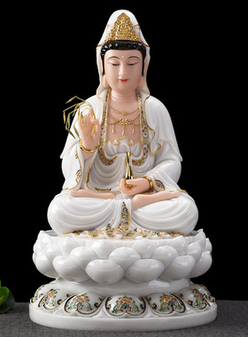 玉石摆件保平安供奉描金观音佛像