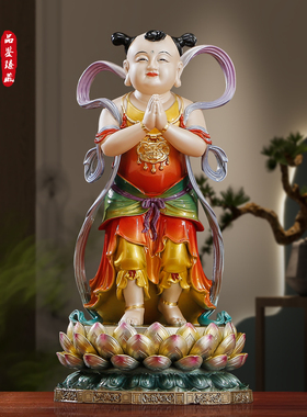 纯铜珐琅彩金童玉女佛像摆件招财
