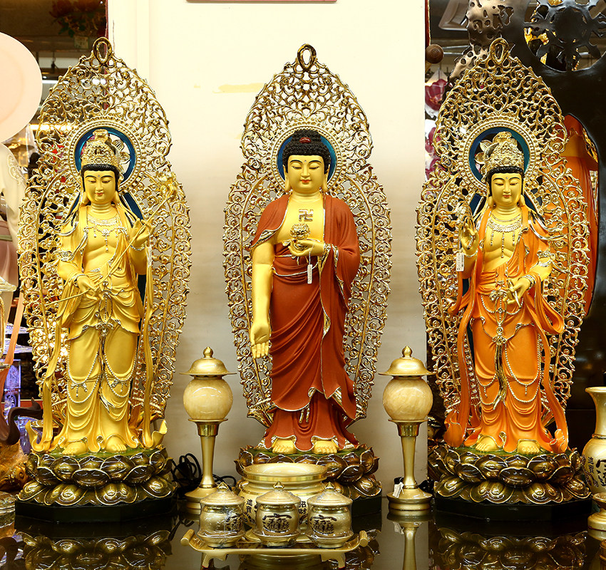 高级纯铜雕彩绘西方三圣佛像佛堂供奉阿弥陀佛站像观音铜东方三圣