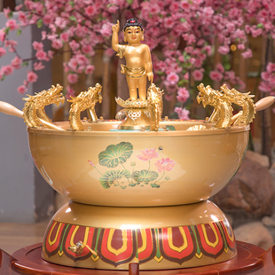 纯铜莲花喷水浴佛盆寺院佛诞节日用品九龙吐水浴佛盆摆件太子佛像