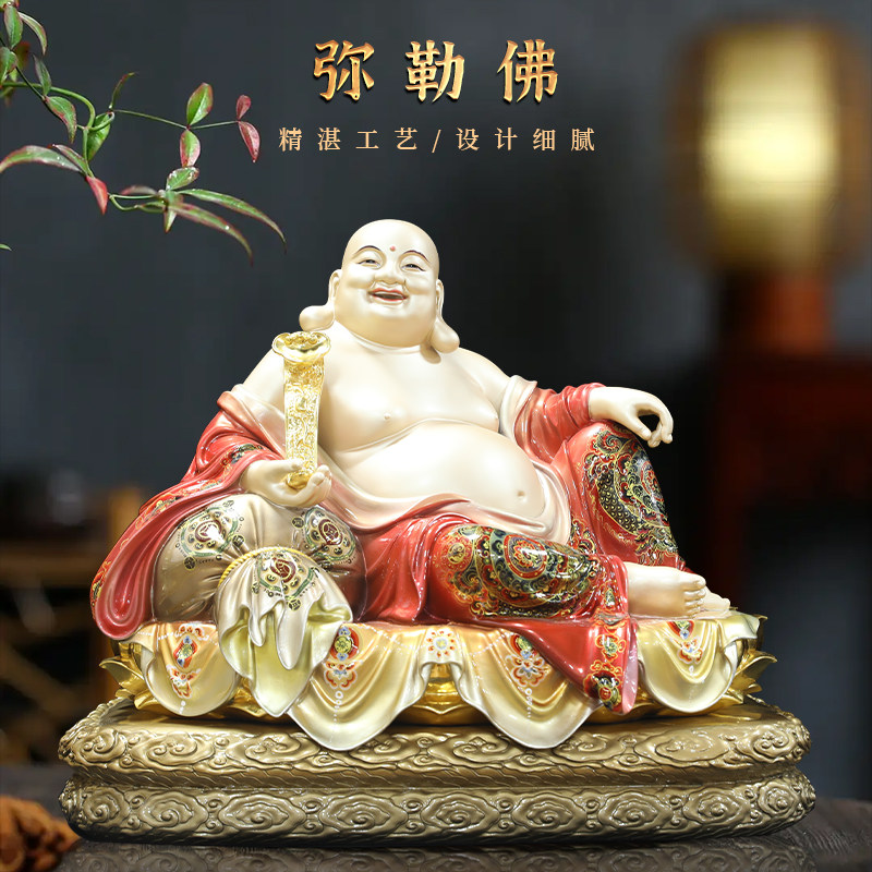 精雕铜弥勒菩萨像贴金珐琅彩笑佛大肚佛神像家用供奉佛像客厅摆件