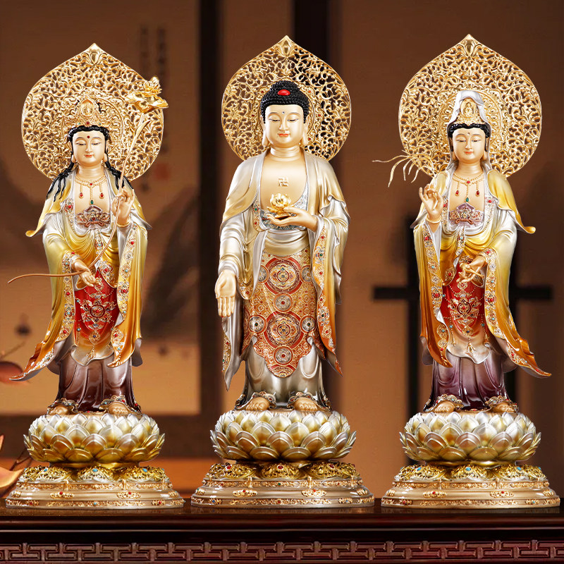 精雕彩绘镶宝西方三圣佛像摆件