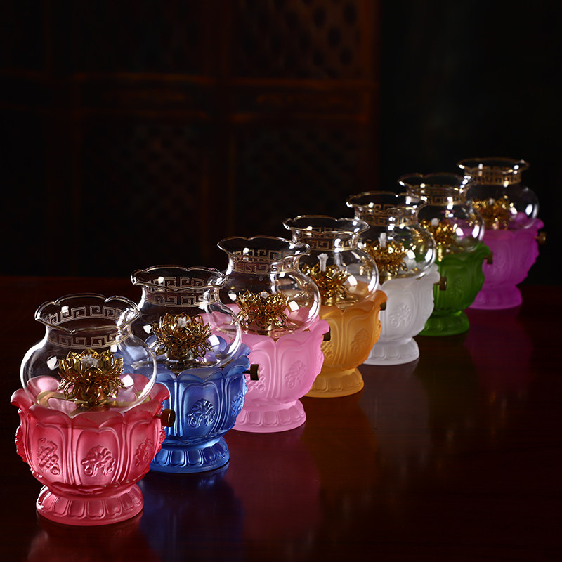 佛油灯莲花液体酥油灯 家用佛堂油灯长明灯 七彩色琉璃八吉祥油灯