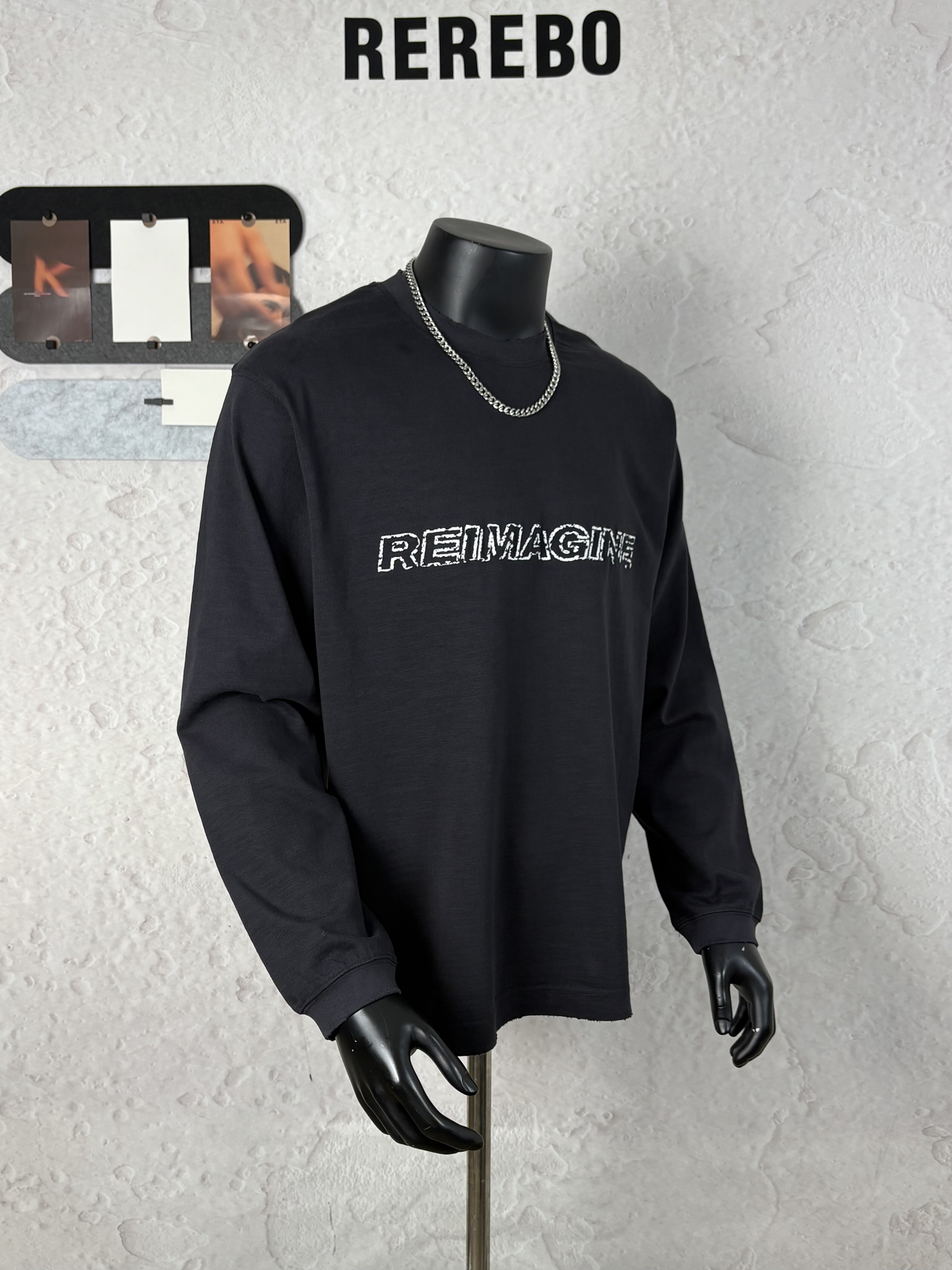 REREBO 秋季前后立体刺绣380G竹节棉重磅长袖卫T恤男纯棉圆领上衣,男装,T恤,淘宝优惠券,粉丝福利购,淘宝优惠卷