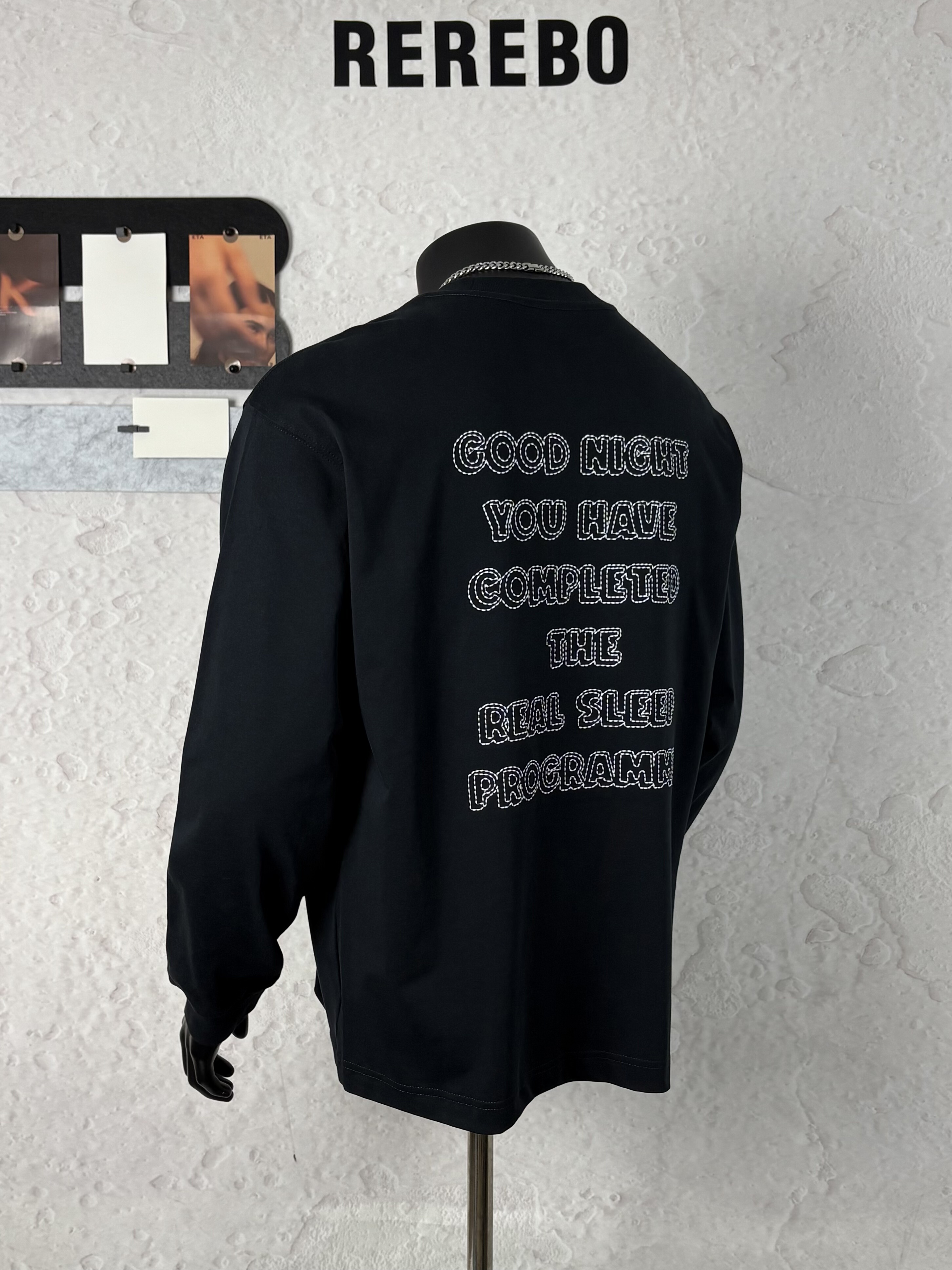 REREBO重工艺字母刺绣320G圆领长袖纯棉T恤男士潮牌卫T打底衫上衣