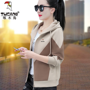 中年妈妈休闲大码 外套女春秋2026新款 上衣 连帽卫衣开衫 啄木鸟正品