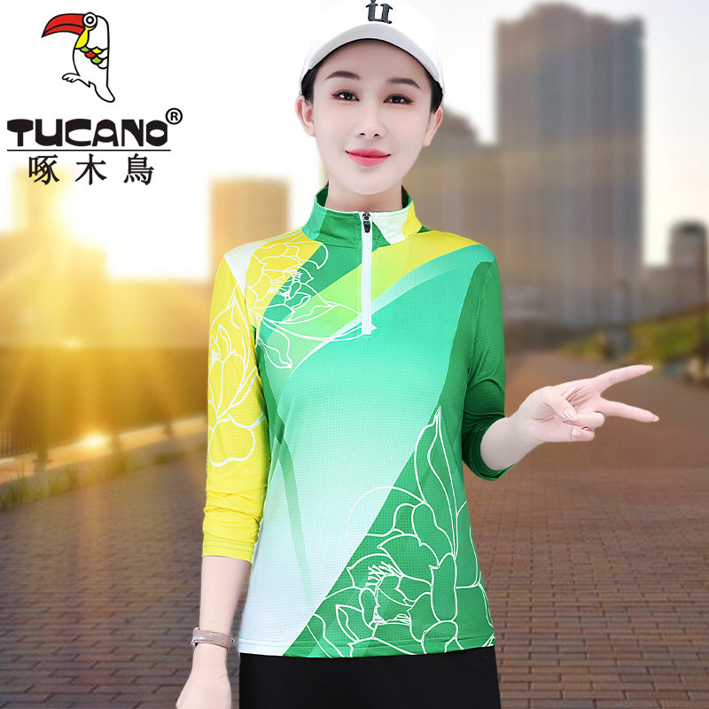 啄木鸟长袖羽毛球春秋季款运动速干女士排球网球乒乓球定制上衣潮