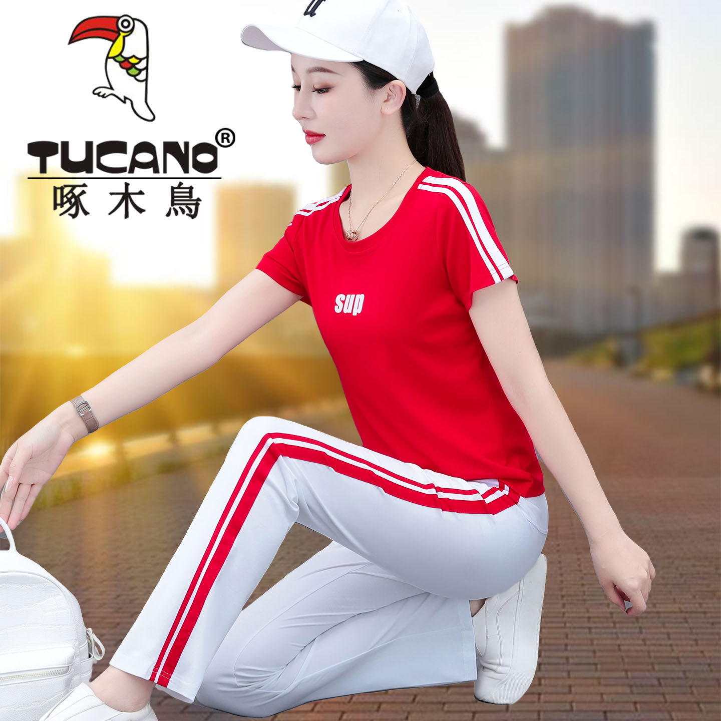 啄木鸟纯棉运动服套装夏季女2026新款时尚妈妈休闲洋气减龄两件套