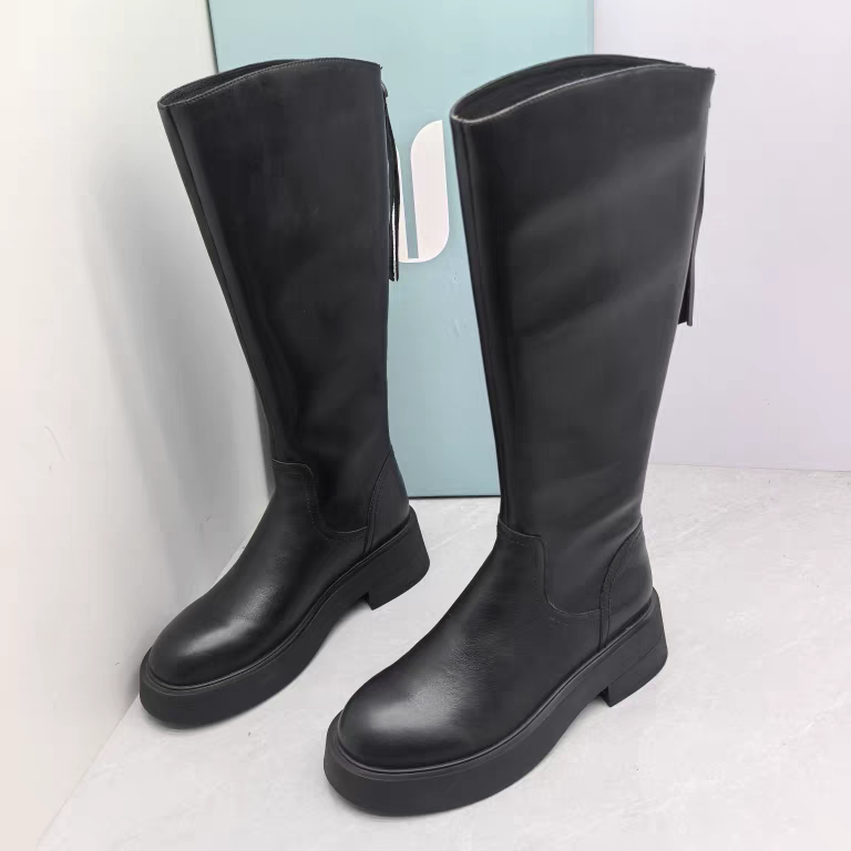 Comely康莉断码撤柜秋季真皮粗跟高筒骑士靴后拉链时尚圆头长靴女