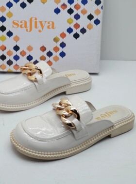 Safiya/索菲娅断码撤柜春季圆头低跟链条舒适牛皮包头拖沙滩鞋女