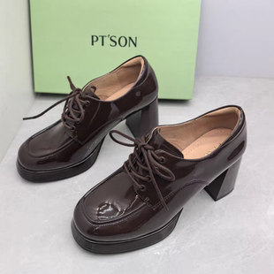 百田森撤柜断码春秋季漆皮粗高跟方头防水台乐福鞋通勤系带女单鞋