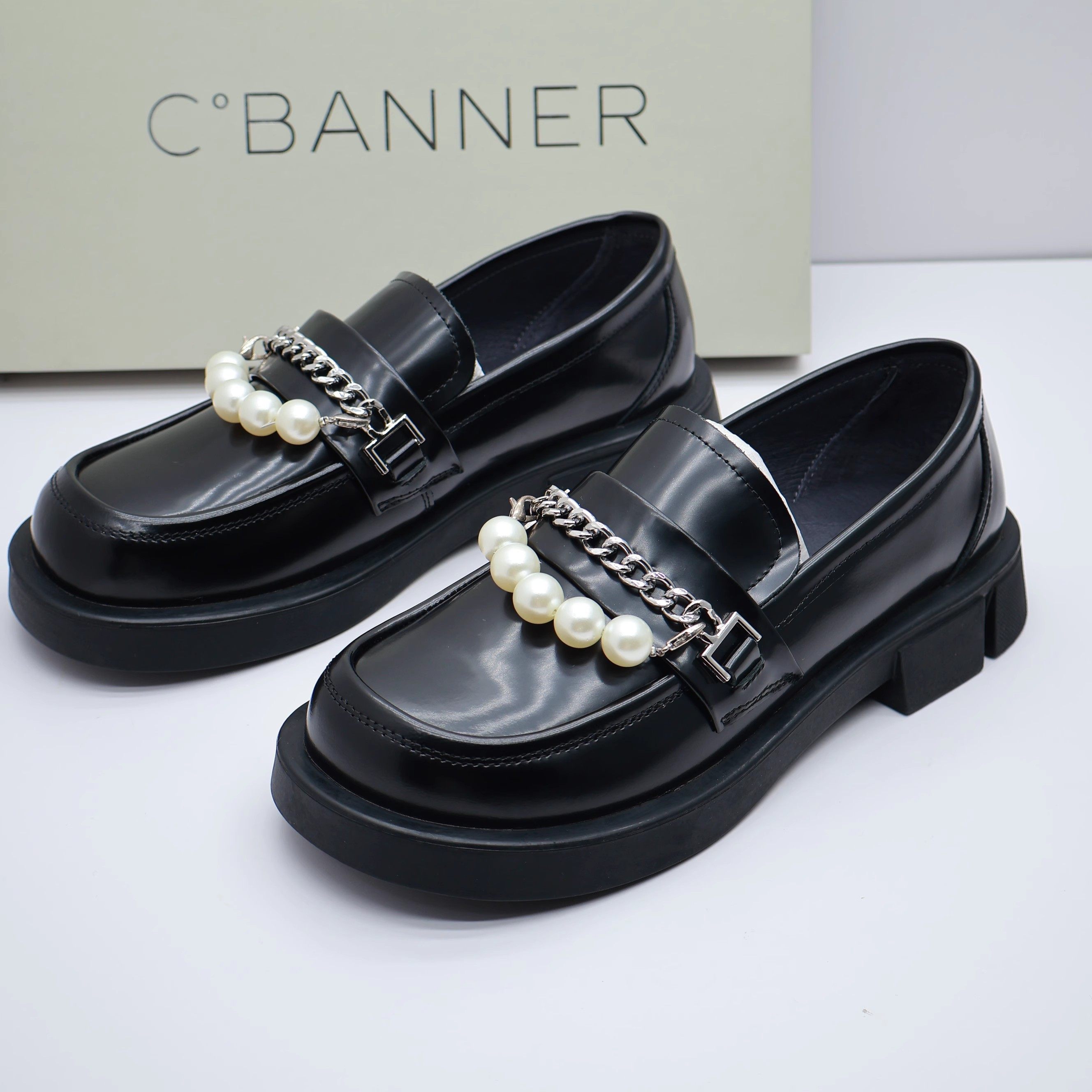 商场品牌断码撤柜真皮秋厚底单鞋珍珠链条休闲圆头一脚蹬乐福鞋女